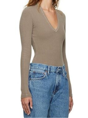 NWT - AGOLDE Tavi Ribbed Deep V Bodysuit in Biscotti Size Small